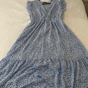 Blue white floral faux wrap dress
